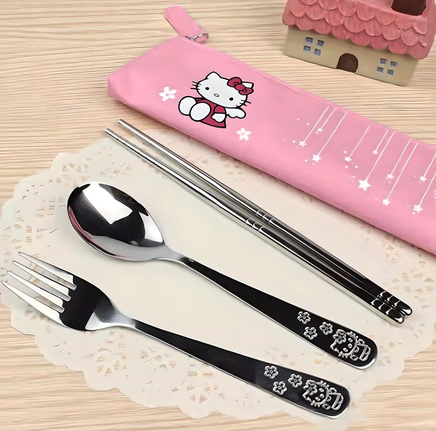 Hello Kitty Chopsticks Utensils Set - 4 Pc Set with Faux Leather Pouch
