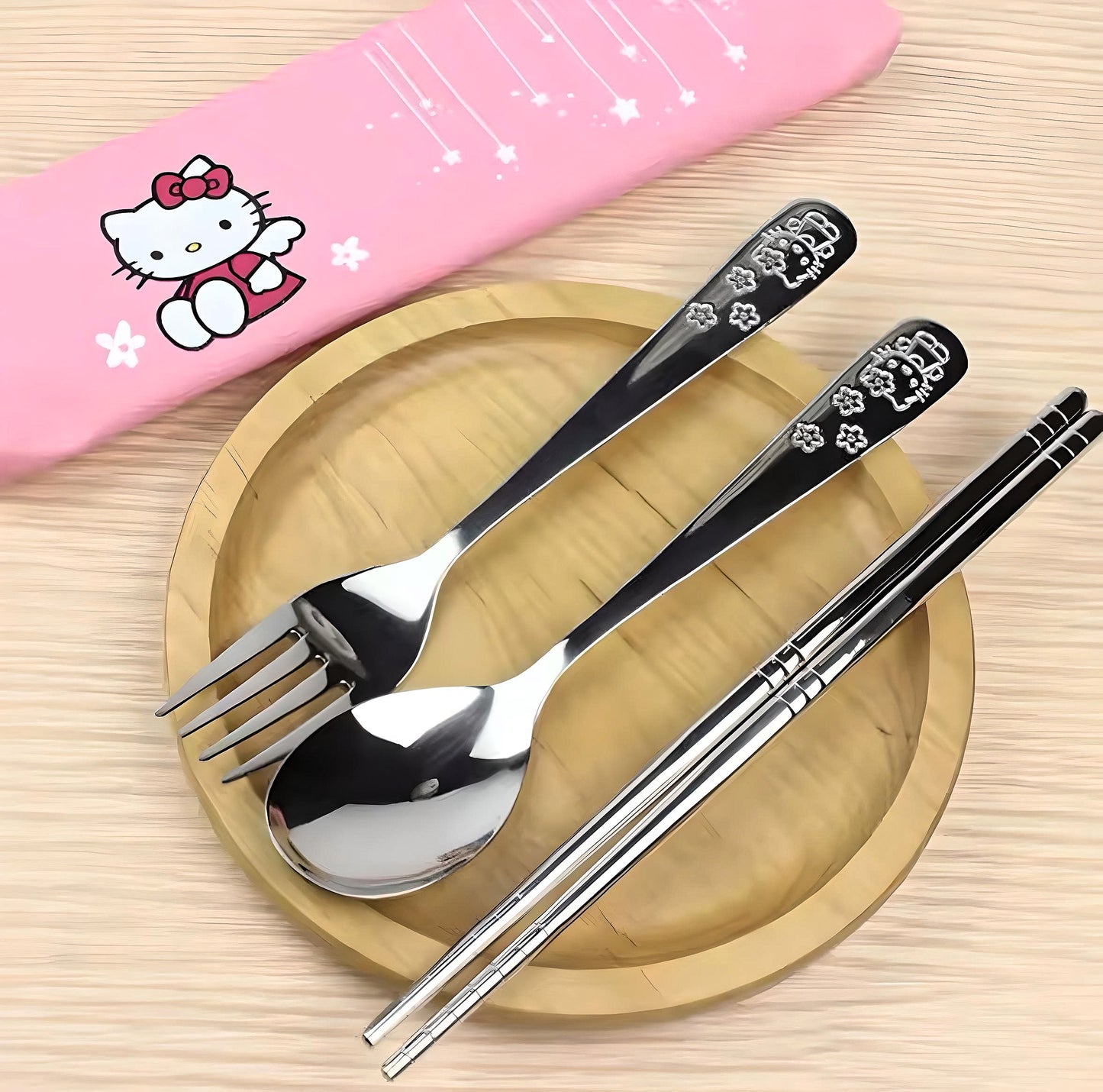 Hello Kitty Chopsticks Utensils Set - 4 Pc Set with Faux Leather Pouch