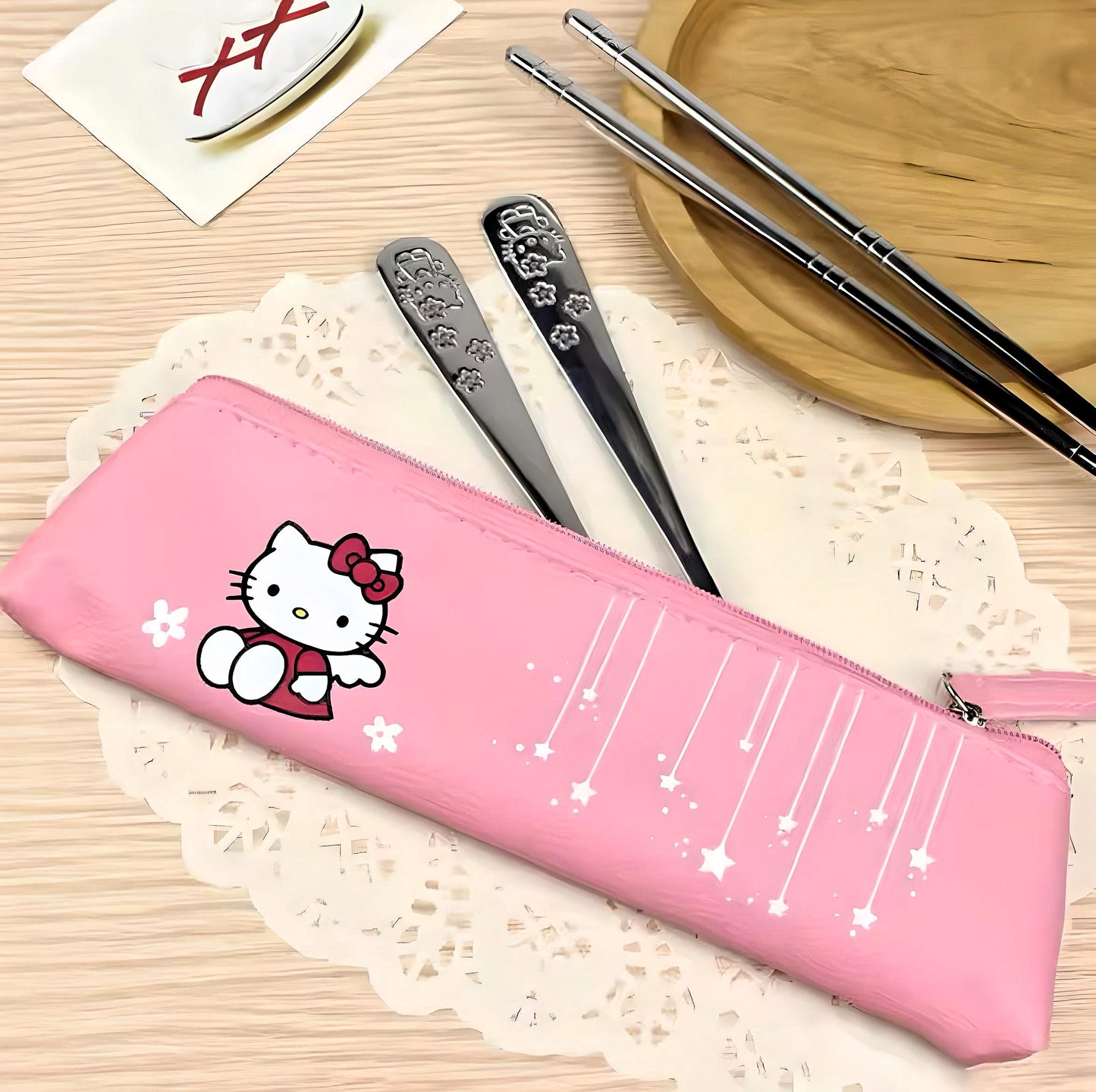 Hello Kitty Chopsticks Utensils Set - 4 Pc Set with Faux Leather Pouch