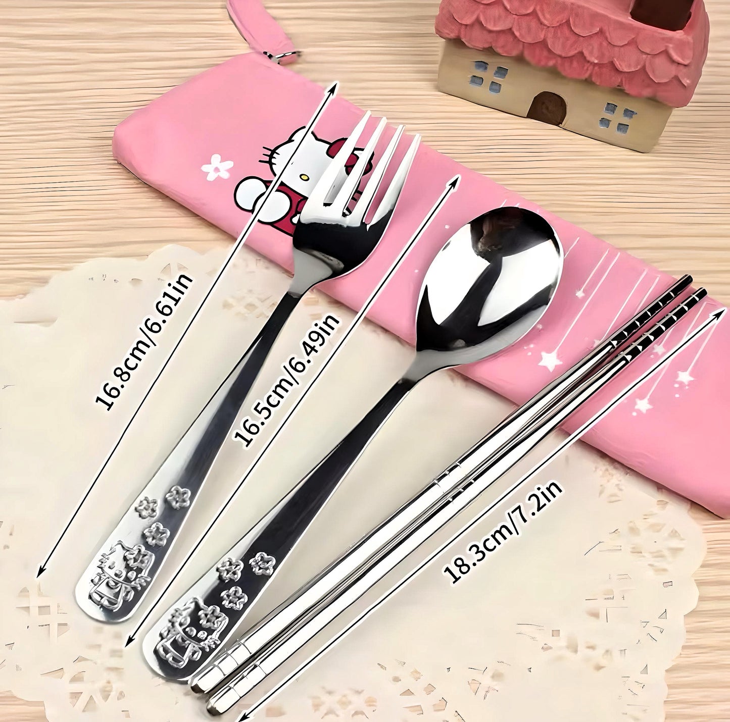 Hello Kitty Chopsticks Utensils Set - 4 Pc Set with Faux Leather Pouch